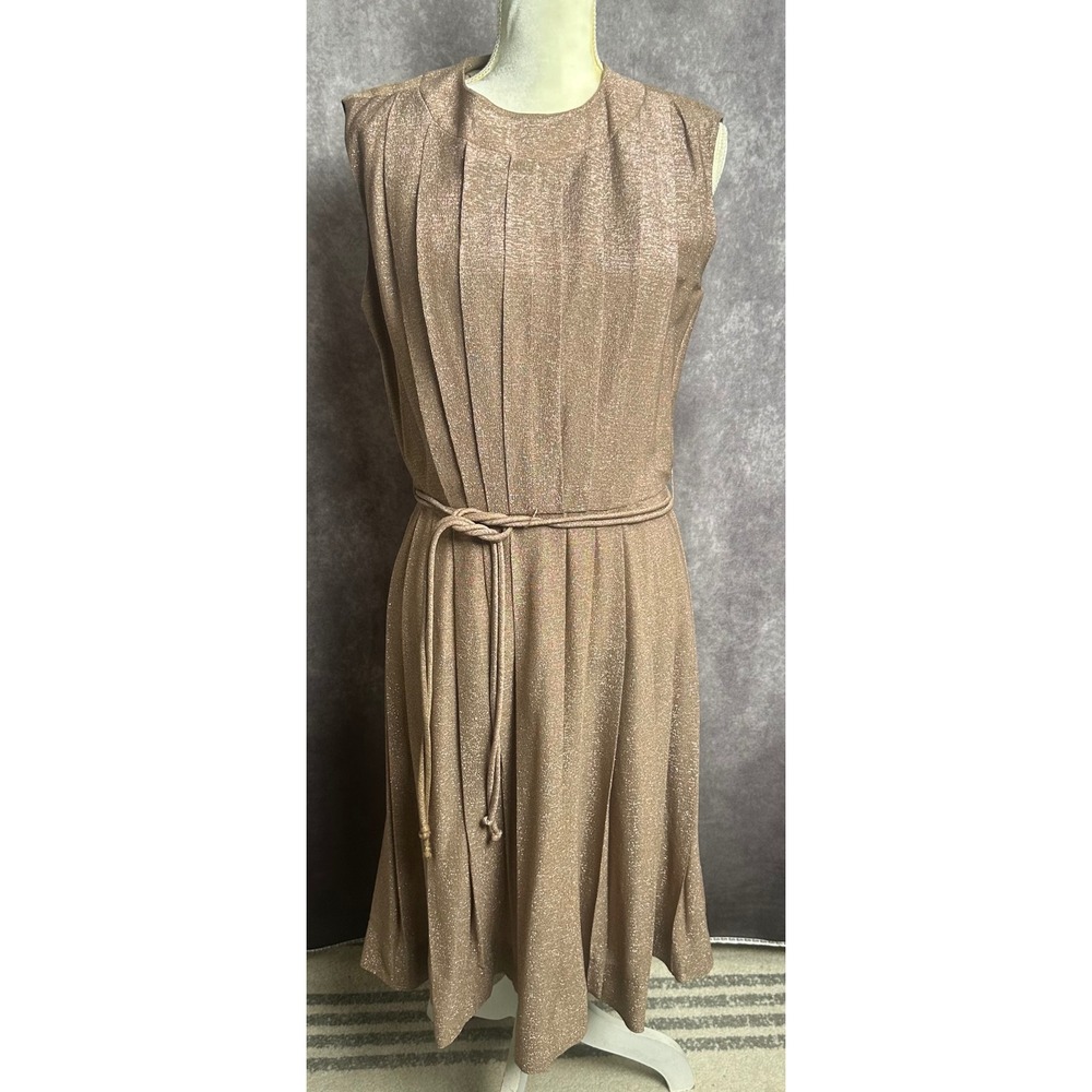 VTG R&K Originals Rose Gold Sparkle Pleated Metallic Midi Dress Size 12 READ